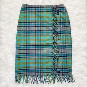 J. Jill Skirt Plaid Wool Blend Wrap Fringe Gray Green Blue Fall New